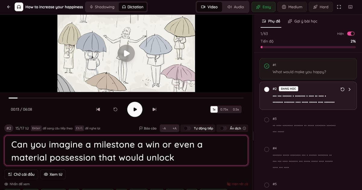 Giao diện nghe chép chính tả trên S English: video YouTube, ô gõ câu và gợi ý từng từ
